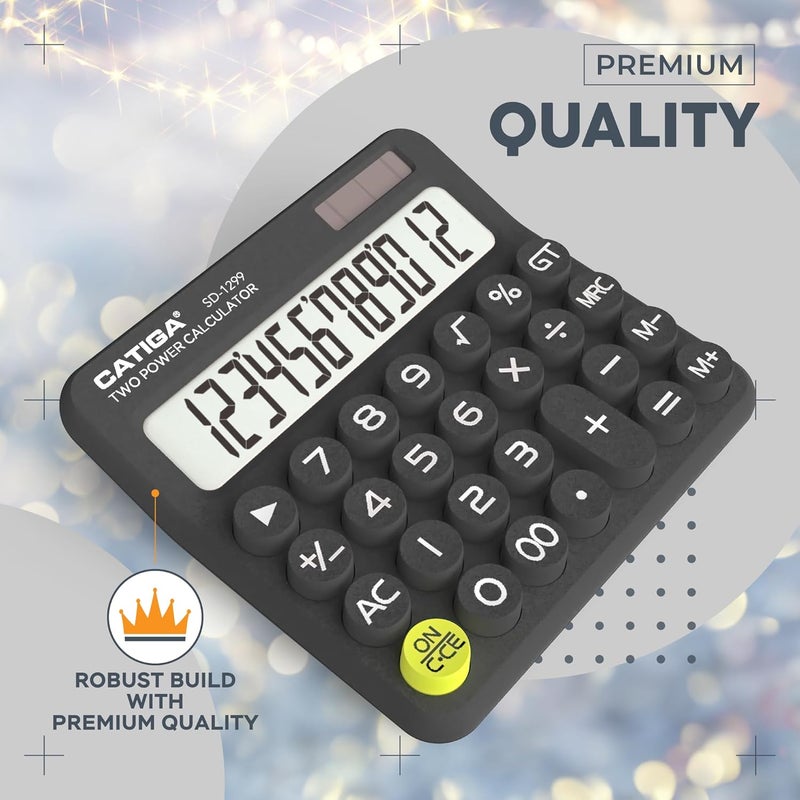 CATIGA Mechanical Switch Calculator with Solar and Battery Dual Power, 12-Digit Large LCD Display, Aesthetic and Cute Desktop Calculator with Big Button, for Home, School and Office Use, SD-1299 - Image 3